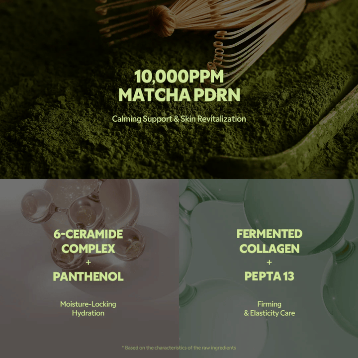 Matcha PDRN 10 000 ppm em TIRTIR Matcha Calming Cream que acalma a irritação, fortalece a pele e proporciona um efeito revitalizante.