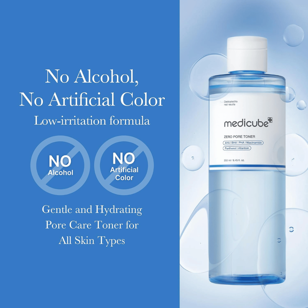 Medicube Zero Pore Toner 250 ml, tónico facial hidratante sem álcool nem corantes artificiais. Garrafa azul com bolhas de água.