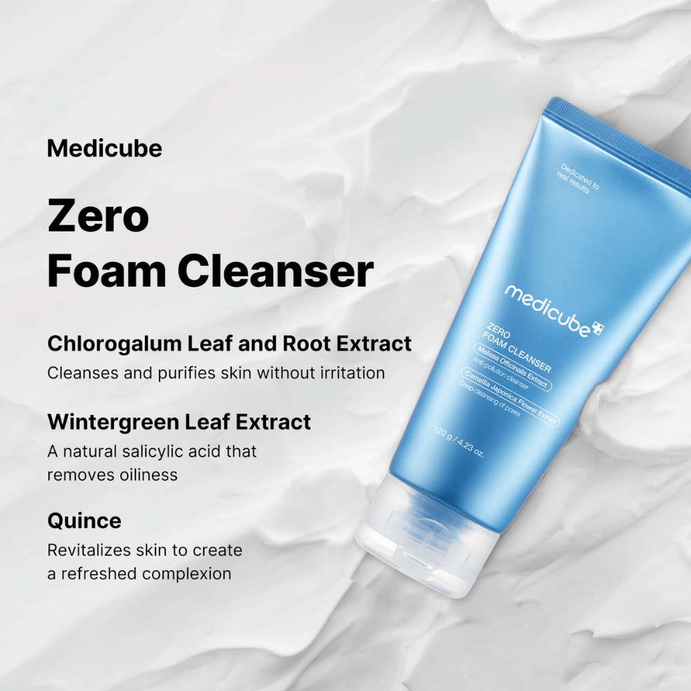 Medicube Zero Foam Cleanser – um limpador facial suave e profundo.

🌿 Extrato de Chlorogalum – Limpa e purifica a pele sem irritação.
🍃 Extrato de Wintergreen – Ácido salicílico natural que equilibra a produção de óleo.
🍏 Extrato de Marmelo – Revitaliza a pele e proporciona um brilho fresco.

Perfeito para uma pele limpa, equilibrada e refrescada!