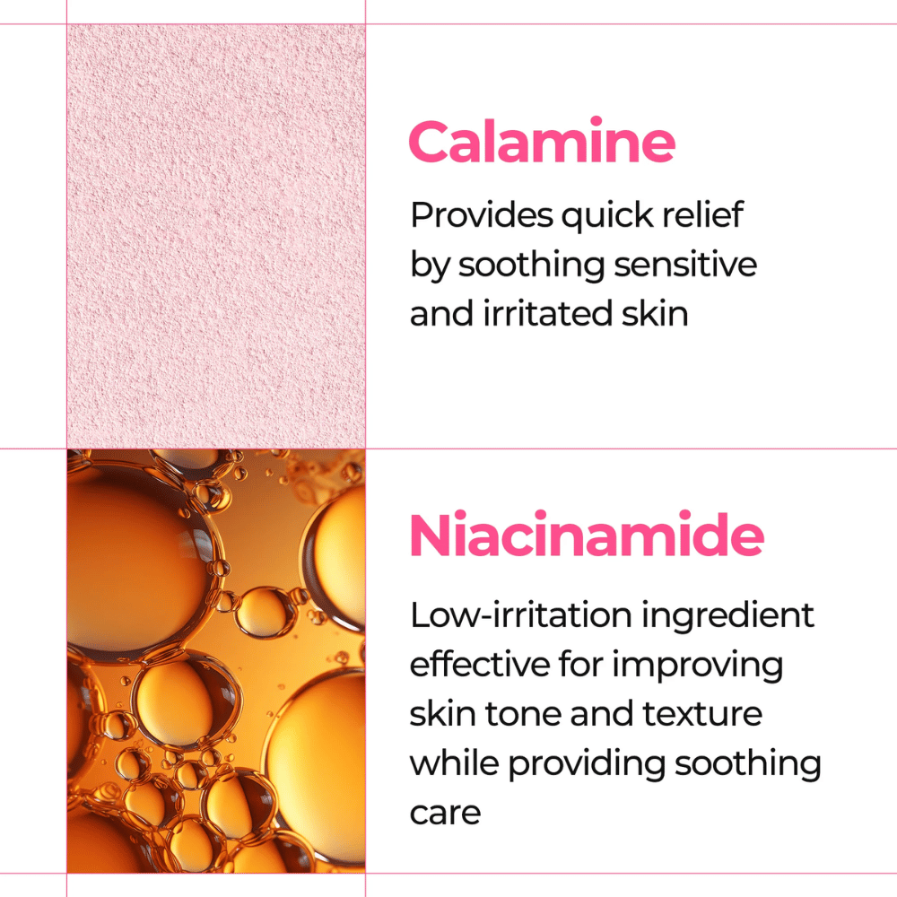 Close-up de calamina e niacinamida que acalma a pele sensível em Dr. Melaxin Melting Cleanser