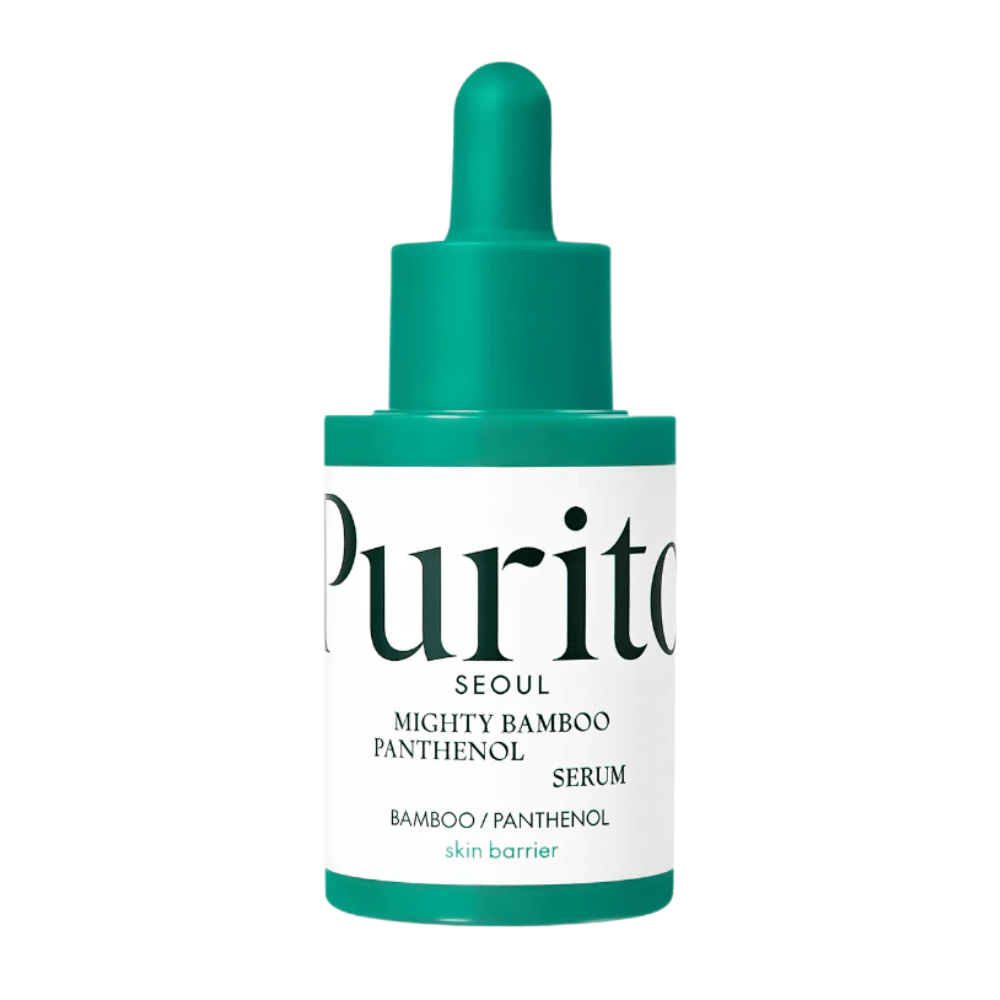Purito Mighty Bamboo Panthenol Serum – frasco verde minimalista com soro nutritivo para pele sensível e seca.