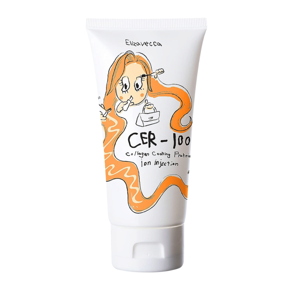 Imagem do produto Elizavecca CER-100 Collagen Coating Protein Ion Injection com design ilustrado e detalhes em laranja.