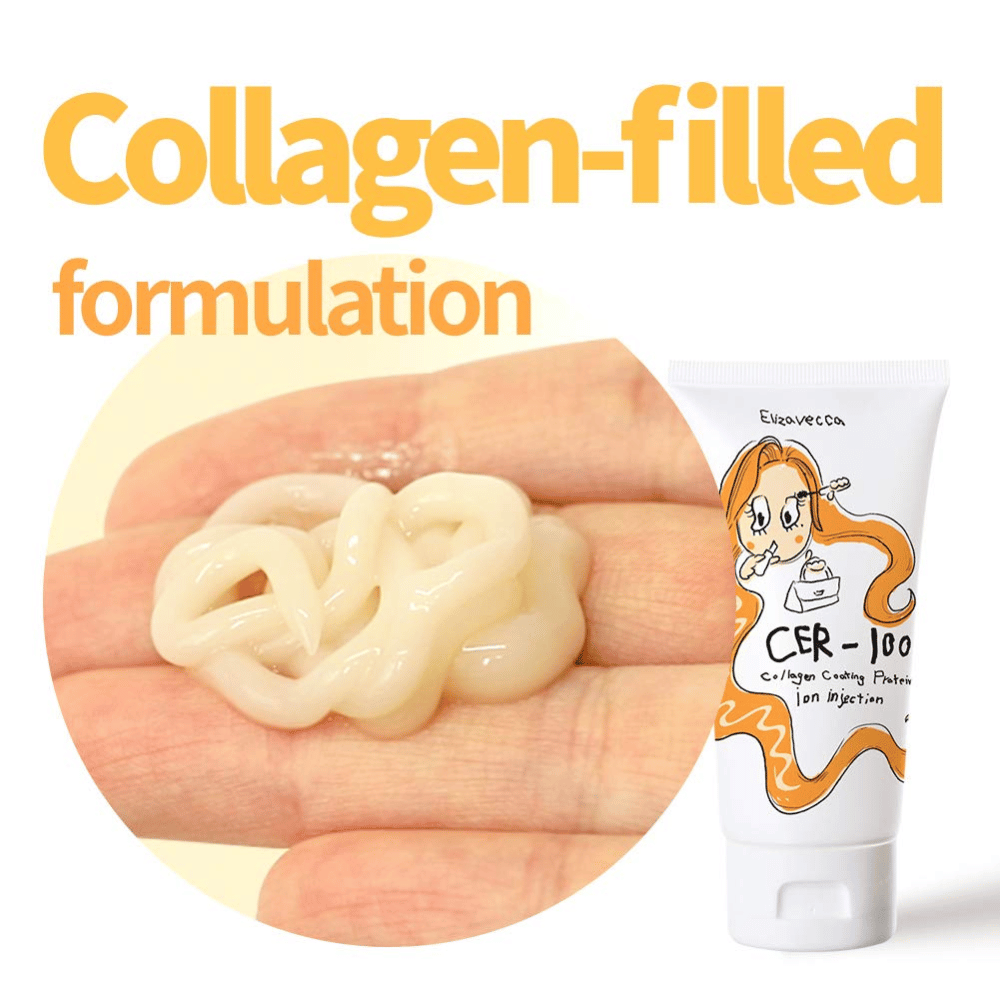 Imagem em grande plano de um tratamento capilar cremoso com fórmula de colagénio juntamente com a bisnaga do produto da Elizavecca.