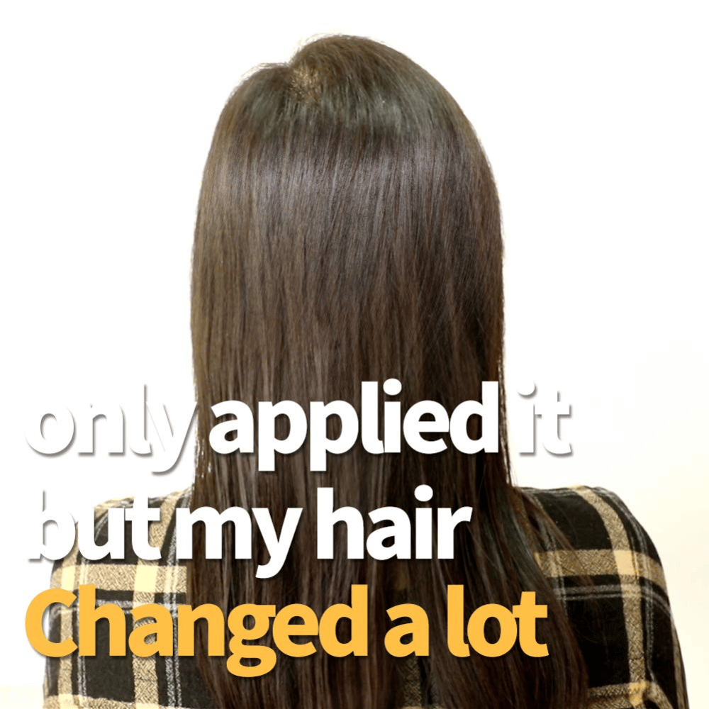 Imagem de antes e depois que mostra um cabelo mais macio e brilhante após a utilização do tratamento capilar.