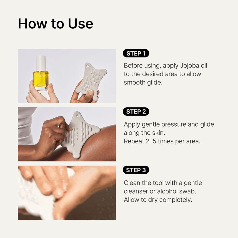 Imagem de instruções que mostra como RETURNITY Mini Guasha é utilizado em conjunto com óleo de jojoba para uma massagem suave e limpeza após a utilização.