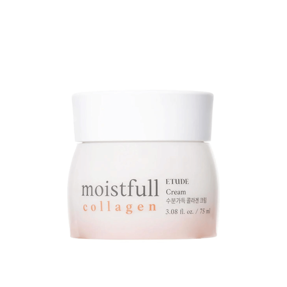 Um frasco com "Moistfull Collagen Cream" de ETUDE, fundo branco.