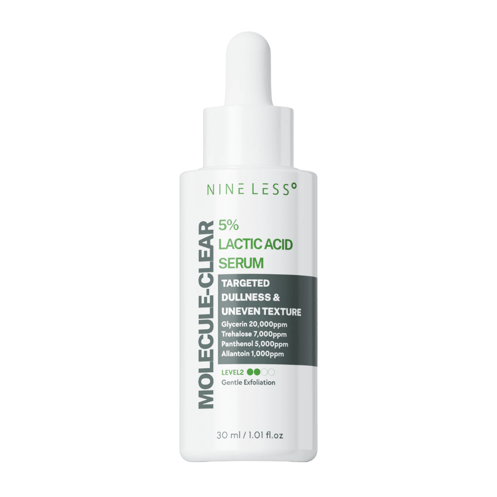 Nine Less Molecule-Clear 5% Lactic Acid Serum em garrafa branca com pipeta, projetada para uniformizar a textura irregular da pele e proporcionar uma esfoliação suave. Tamanho 30 ml.