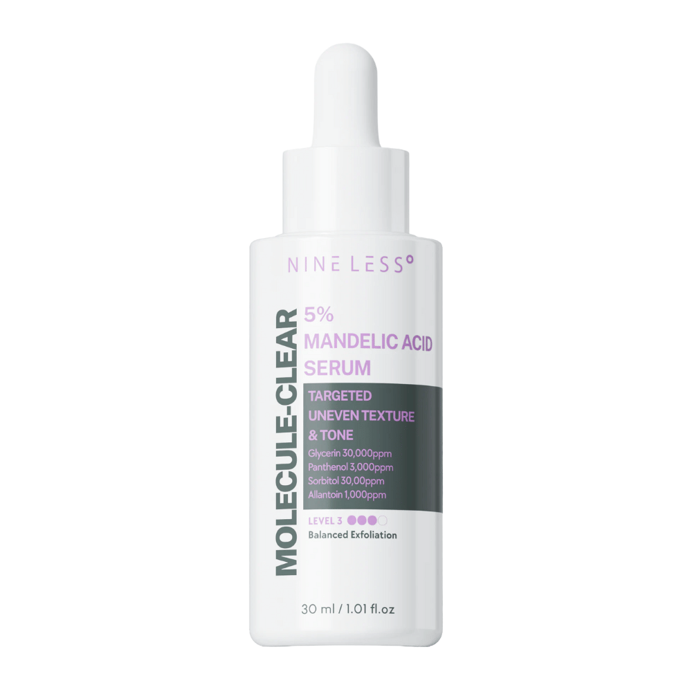 Nine Less Molecule-Clear 5% Mandelic Acid Serum em frasco branco com pipeta, formulado para pele sensível e esfoliação equilibrada de tom de pele e textura irregulares.