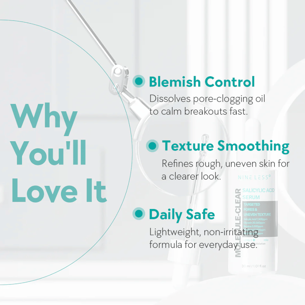 Vantagens de Nineless Molecule-Clear Salicylic Acid Serum: controla acne ao dissolver poros, uniformiza a textura da pele e é seguro para uso diário.
