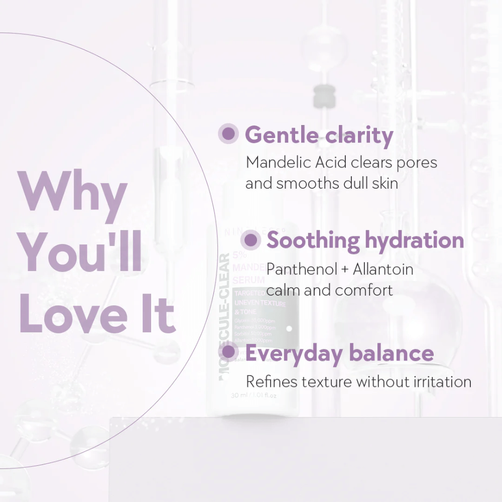 Gráfico com texto explicando os benefícios do Nine Less Molecule-Clear 5% Mandelic Acid Serum: clareza suave, hidratação calmante e equilíbrio diário para a pele.