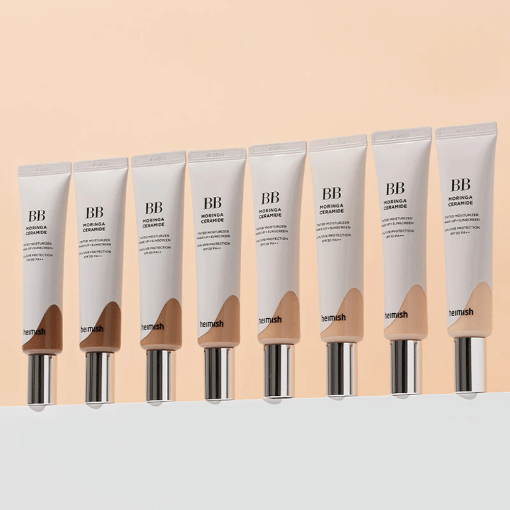 Fila de Heimish Moringa Ceramide BB Cream em vários tons de cor. A imagem ilustra a variação de tons mais claros a mais escuros para se adequar a diferentes tons de pele e necessidades.
