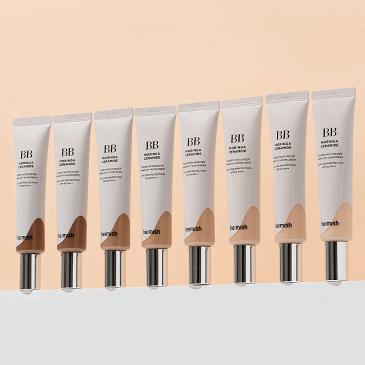 Fila de Heimish Moringa Ceramide BB Cream em vários tons de cor. A imagem ilustra a variação de tons mais claros a mais escuros para se adequar a diferentes tons de pele e necessidades.
