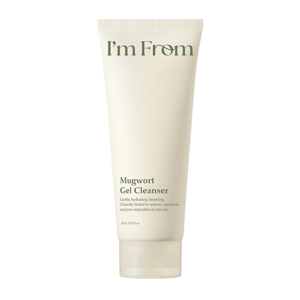 I'm From Mugwort Gel Cleanser 150 ml, suave e hidratante limpeza facial com artemísia num tubo bege-claro sobre fundo branco.