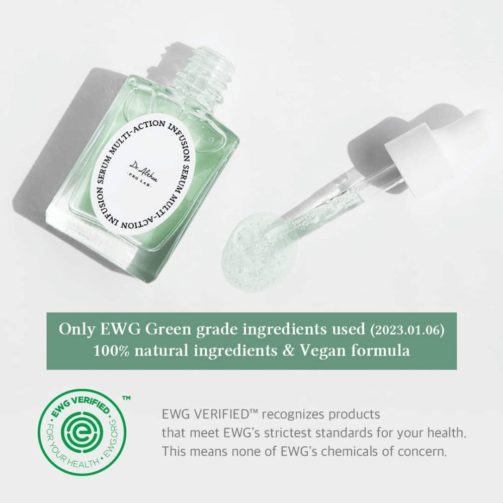 Dr. Althea Multi Action Infusion Serum com fórmula vegana e ingredientes certificados pela EWG, suave para pele sensível e sem substâncias nocivas.