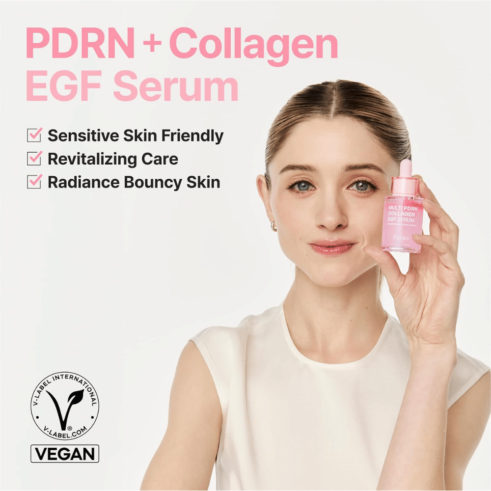 Purito Multi PDRN Collagen EGF Serum – sérum vegano para pele sensível, luminosidade e firmeza.