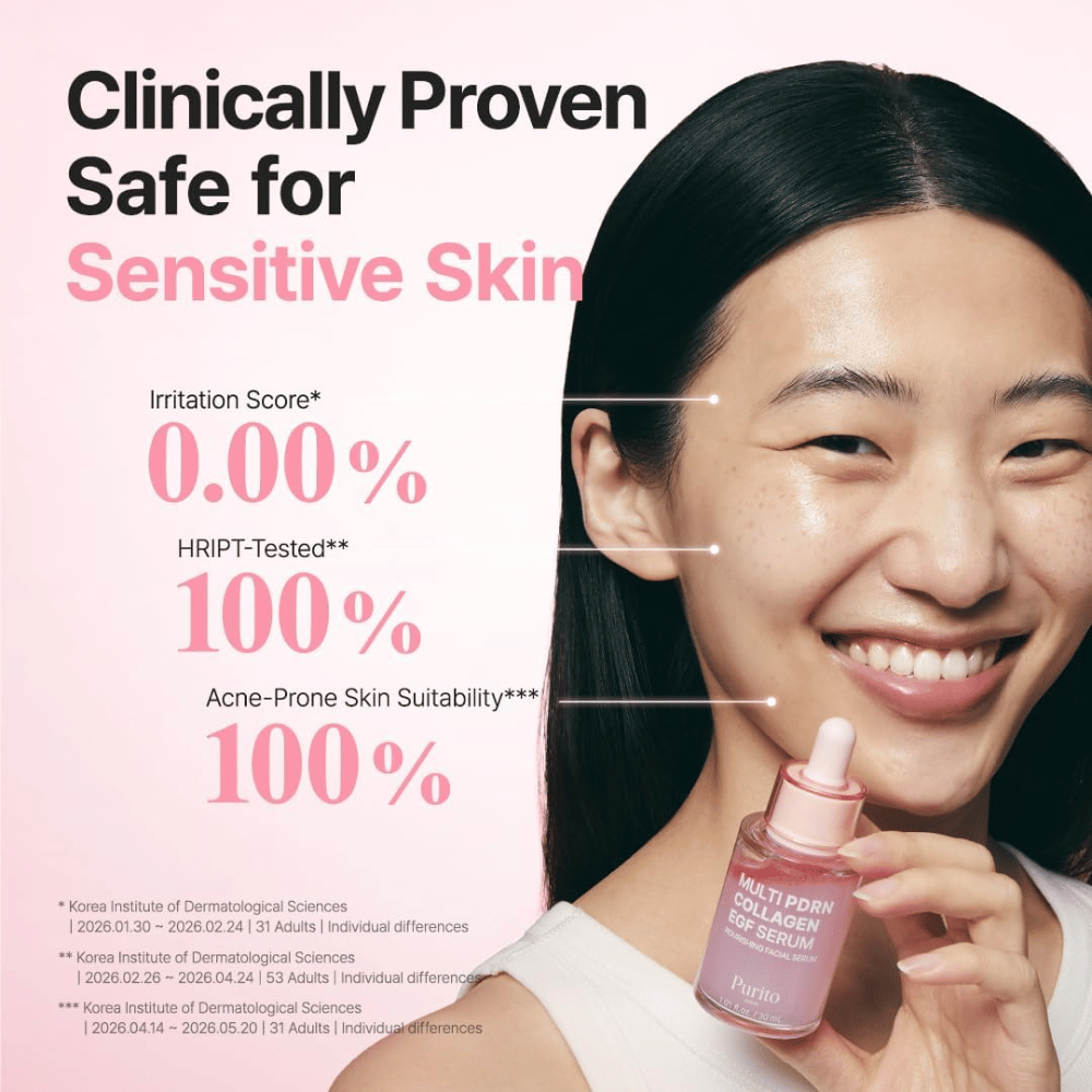 Purito Multi PDRN Collagen EGF Serum – sérum clinicamente testado, adequado para pele sensível e com tendência acneica.