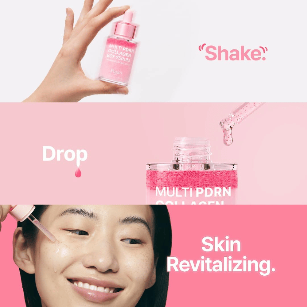Purito Multi PDRN Collagen EGF Serum – aplicação do sérum rosa para uma pele hidratada e revitalizada.