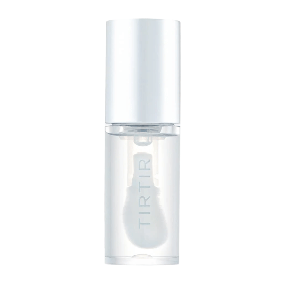TIRTIR My Glow Lip Oil em frasco transparente com tampa branca e design minimalista, isolado contra um fundo branco.