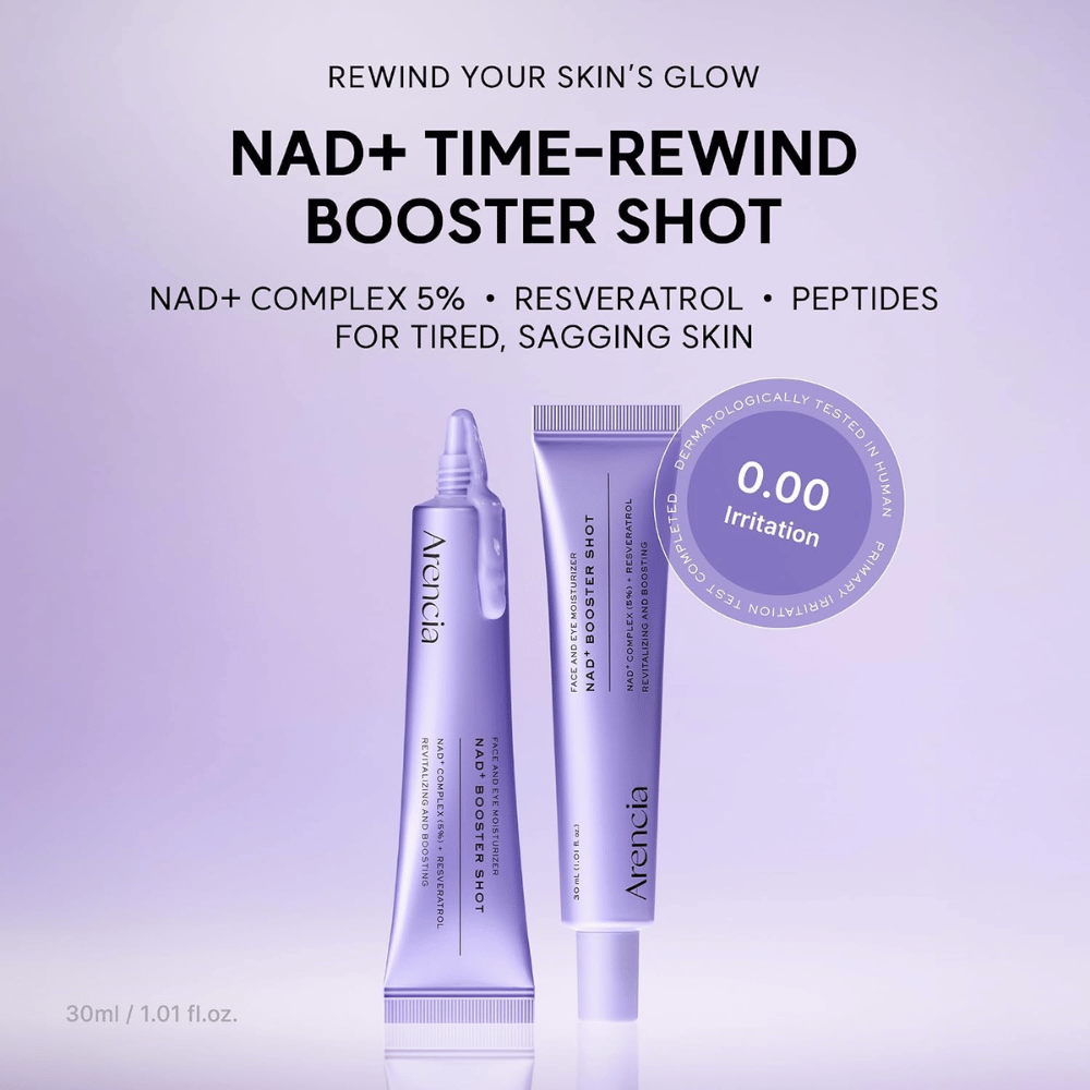 Arencia NAD+ Booster Shot com 5% de Complexo NAD+, resveratrol e péptidos – creme facial dermatologicamente testado para pele cansada e madura.