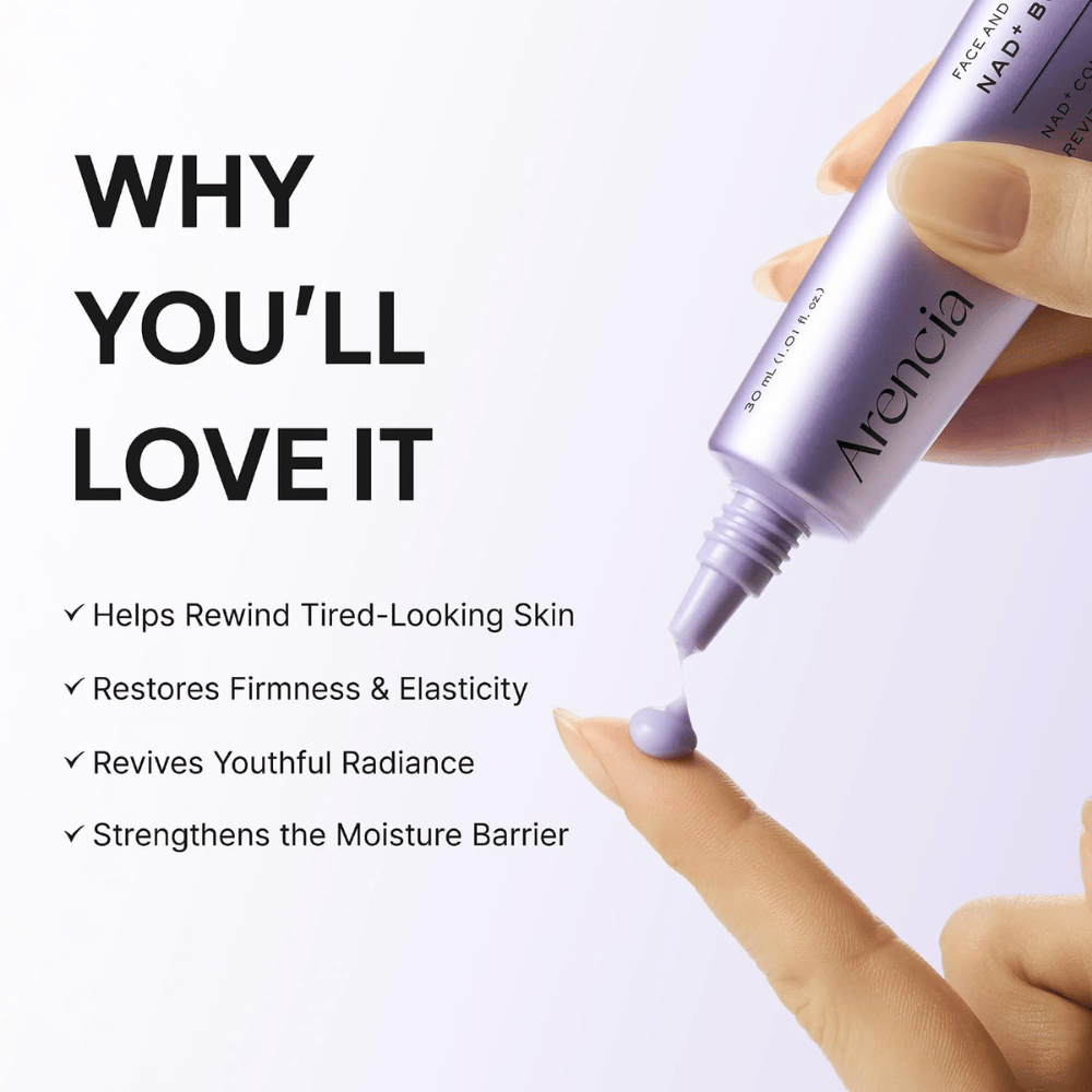 Arencia NAD+ Booster Shot 30 ml – creme facial nutritivo que reforça a barreira cutânea e proporciona firmeza, elasticidade e luminosidade.
