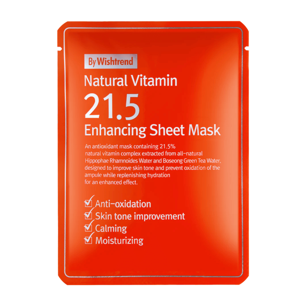 By Wishtrend Natural Vitamin 21.5% Enhancing Sheet mask em uma embalagem vermelha com texto branco, que destaca suas propriedades antioxidantes e hidratantes.