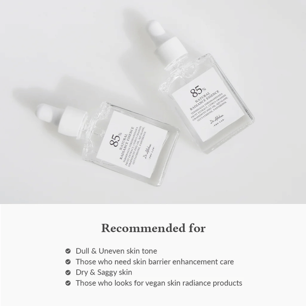 Dr. Althea Natural Radiance Essence com 85% de Extrato de Ameixa Kakadu, adequado para pele baça, tom de pele irregular e pele seca que necessita de uma barreira cutânea reforçada.