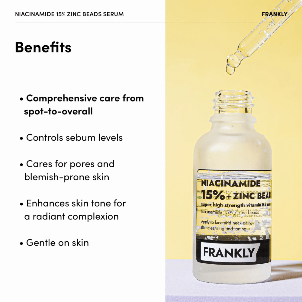 Flaska med FRANKLY Niacinamide 15% + Zinc Beads Serum på gul bakgrund. Text listar fördelar: balanserar talg, minskar porer och jämnar hudton.