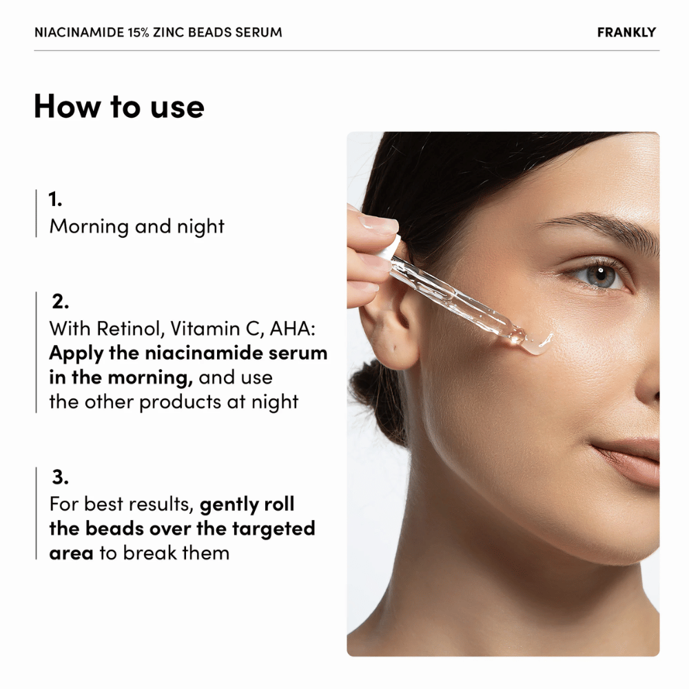 Mulher aplica FRANKLY Niacinamide 15% + Zinc Beads Serum com conta-gotas na bochecha. Texto explica uso de manhã e à noite e massagem suave das pérolas.