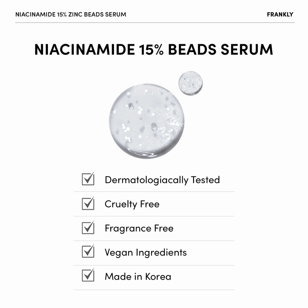 Gel transparente com pérolas brancas no FRANKLY Niacinamide 15% + Zinc Beads Serum. Texto mostra que o produto é vegano, sem perfume e dermatologicamente testado.