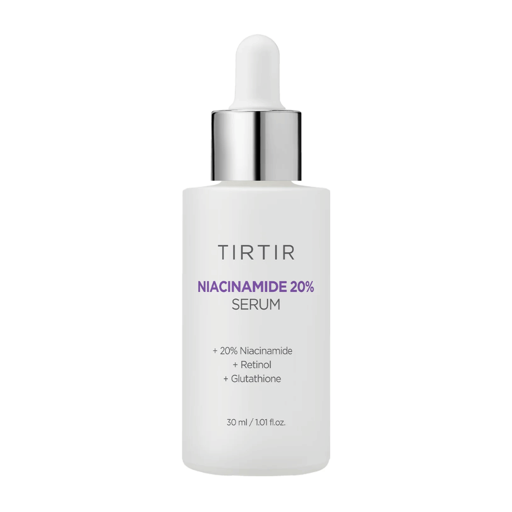 A garrafa de Tirtirs "Niacinamide 20% Serum" está sobre um fundo branco. O sérum contém 20% de niacinamida, retinol e glutationa, e é projetado para melhorar a textura da pele e proporcionar uma tez mais radiante. O conteúdo da garrafa é de 30 ml.