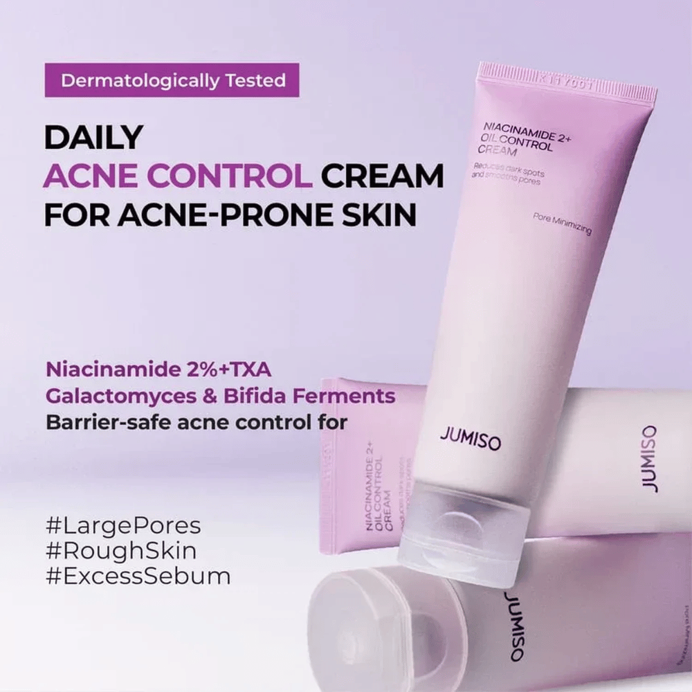 Imagem de marketing de JUMISO Niacinamide 2+ Oil Control Cream com foco no cuidado diário da pele com tendência acneica. O texto descreve ingredientes como niacinamida, ácido tranexâmico, galactomyces e fermento bifida que ajudam a controlar o sebo e a fortalecer a barreira cutânea.