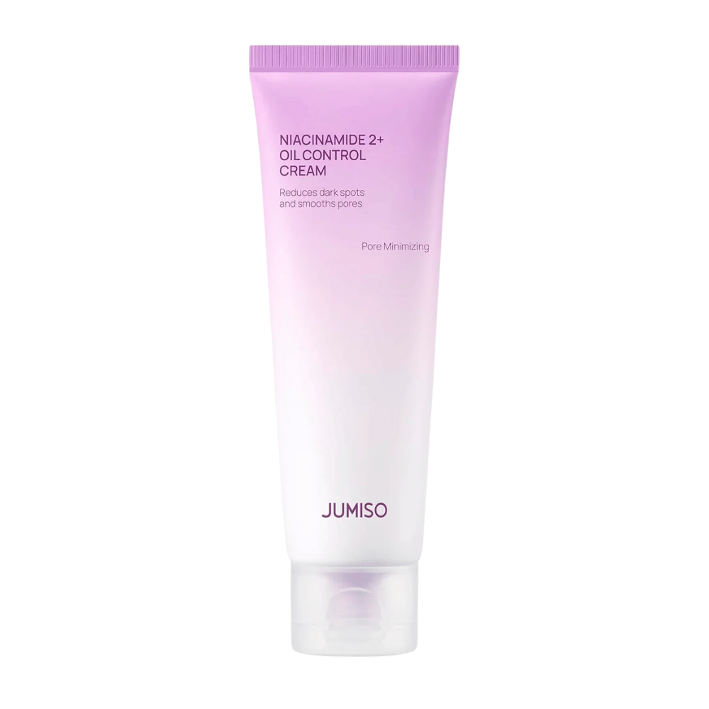 Imagem do produto de JUMISO Niacinamide 2+ Oil Control Cream sobre um fundo claro. A bisnaga rosa e branca destaca o foco do produto no controlo do sebo, na minimização dos poros e na melhoria do tom de pele para pele oleosa e mista.