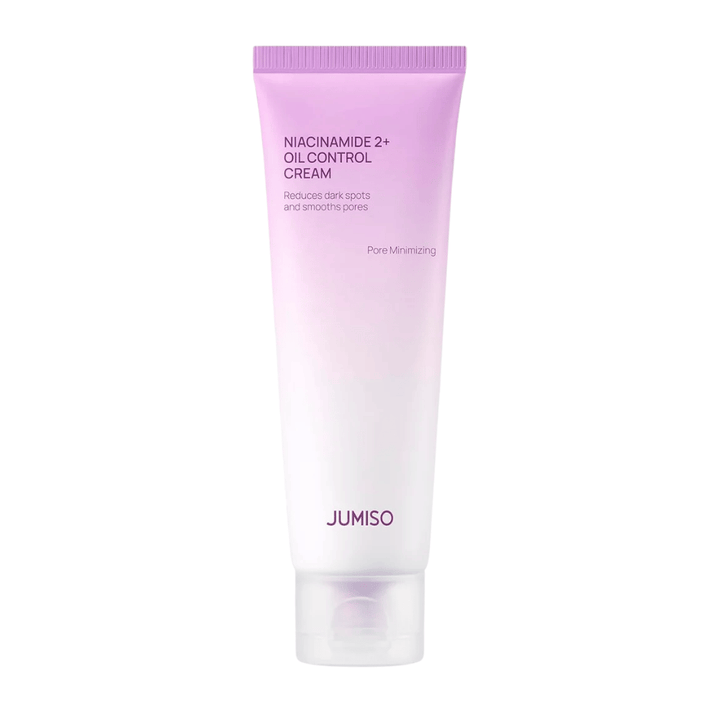 Imagem do produto de JUMISO Niacinamide 2+ Oil Control Cream sobre um fundo claro. A bisnaga rosa e branca destaca o foco do produto no controlo do sebo, na minimização dos poros e na melhoria do tom de pele para pele oleosa e mista.