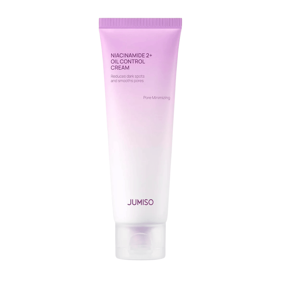 Imagem do produto de JUMISO Niacinamide 2+ Oil Control Cream sobre um fundo claro. A bisnaga rosa e branca destaca o foco do produto no controlo do sebo, na minimização dos poros e na melhoria do tom de pele para pele oleosa e mista.