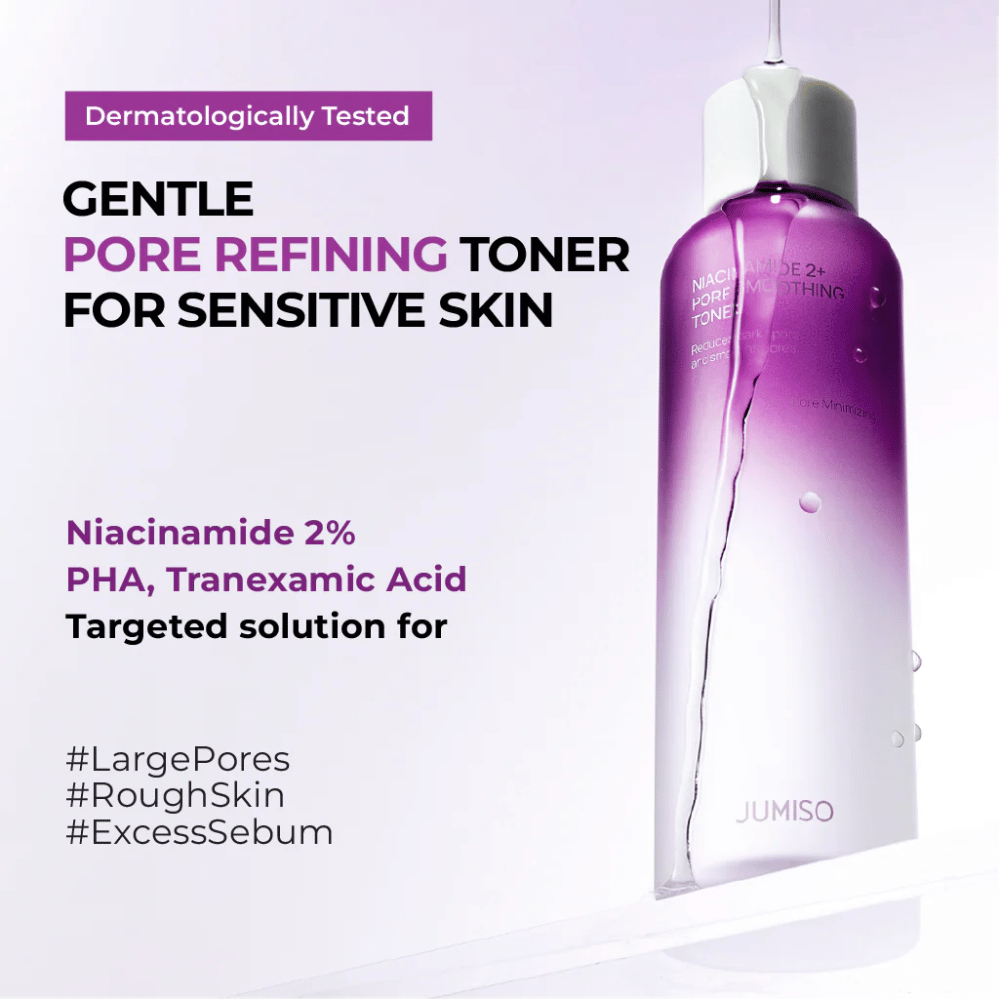 Imagem de marketing do tónico com texto a indicar que o produto foi dermatologicamente testado e é adequado para pele sensível. O foco está no refinamento dos poros, controlo da oleosidade e esfoliação com niacinamida, PHA e ácido tranexâmico.