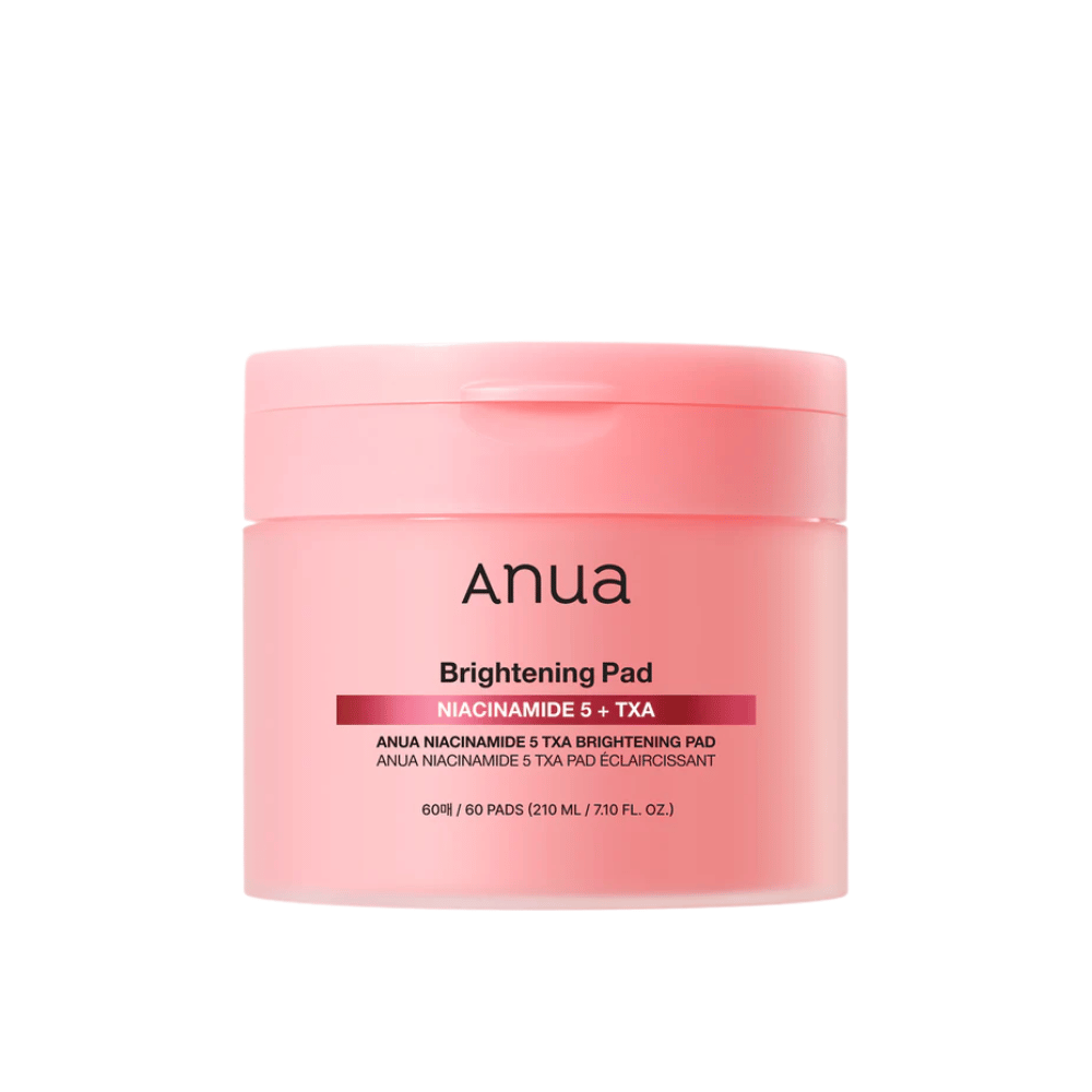 Embalagem rosa de Anua Brightening Pad com o texto "Niacinamide 5 + TXA", contém 60 pads para cuidados com a pele com foco em brilho e tom de pele mais uniforme.