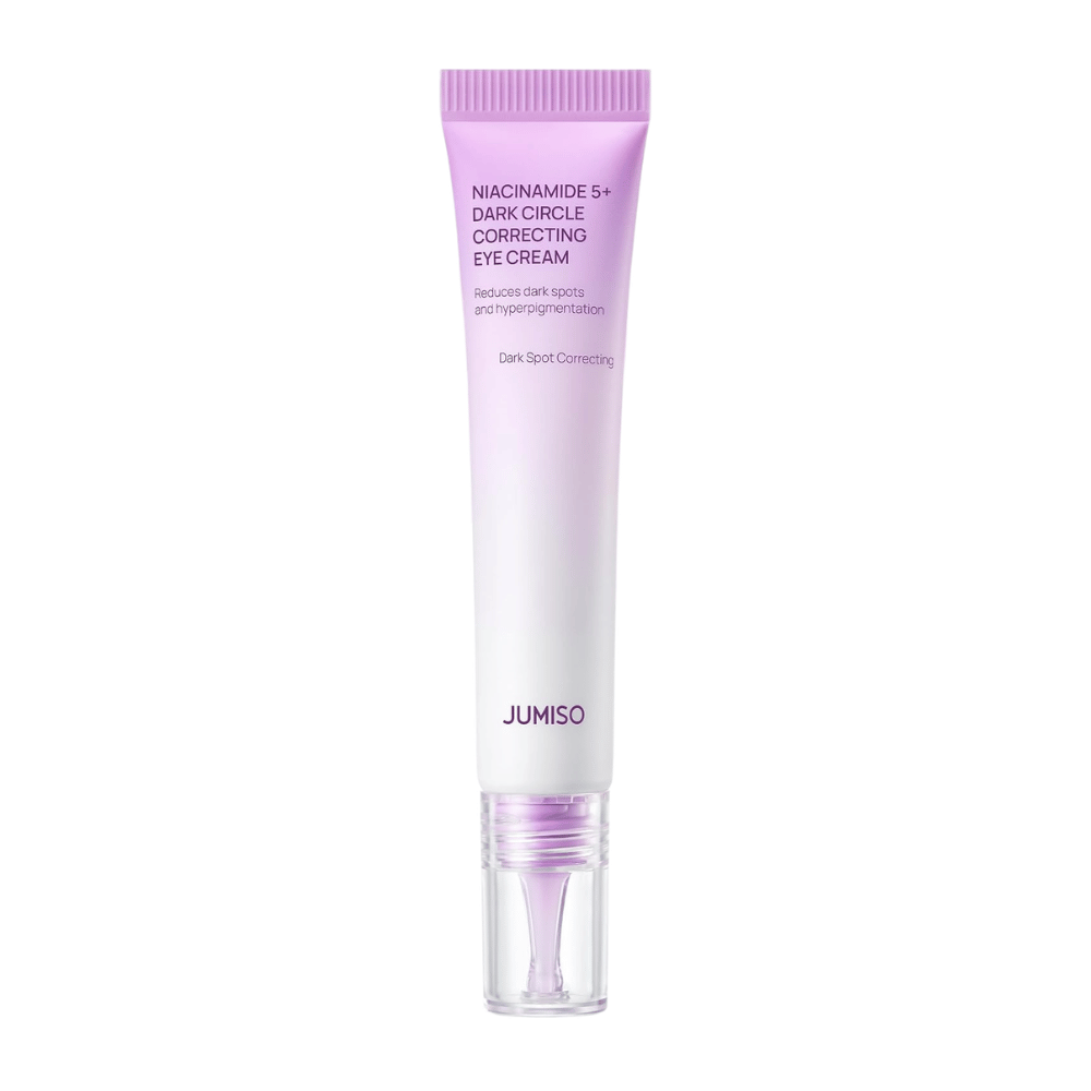 5. Jumiso Niacinamide 5+ Dark Circle Correcting Eye Cream – tubo roxo e branco com aplicador transparente sobre fundo branco