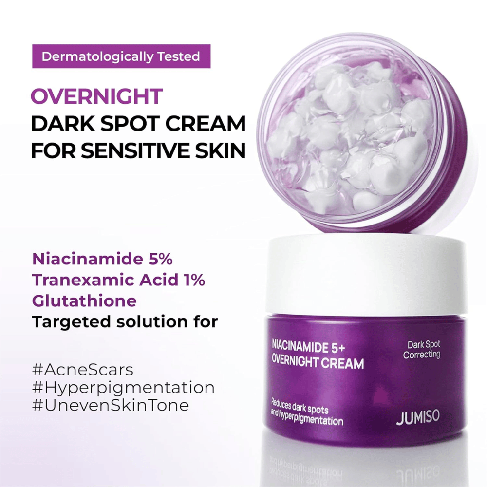 JUMISO Niacinamide 5+ Overnight Cream com boião aberto que mostra a textura em gel com cápsulas. A imagem destaca ingredientes como niacinamida 5 %, ácido tranexâmico 1 % e glutationa para pigmentação e tom de pele irregular.