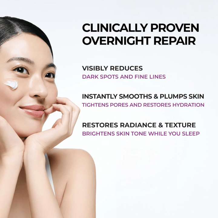 Modelo aplica JUMISO Niacinamide 5+ Overnight Cream na bochecha. A imagem destaca as propriedades de cuidado do creme de noite para melhorar a luminosidade, o equilíbrio de hidratação e a textura da pele durante a noite.