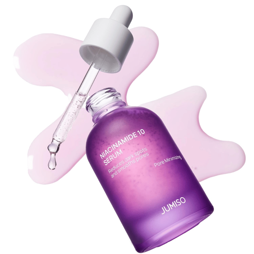 Jumiso Niacinamide 10 Serum com pipeta. O sérum contém 10% de niacinamida que reduz manchas escuras, equilibra a oleosidade e refina os poros.
