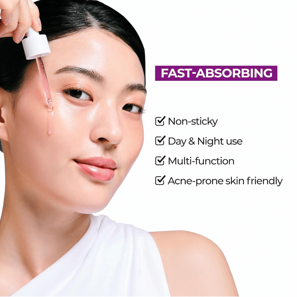 Mulher aplicando Jumiso Niacinamide 10 Serum. Fórmula de rápida absorção, não pegajosa, para uso diurno e noturno, perfeita para pele propensa a acne.