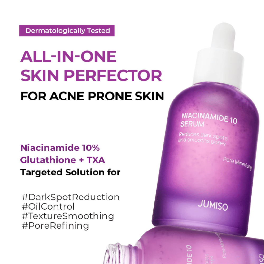 Jumiso Niacinamide 10 Serum – um sérum tudo-em-um para pele propensa a acne com 10% de niacinamida, glutationa e TXA que reduz manchas escuras e poros.