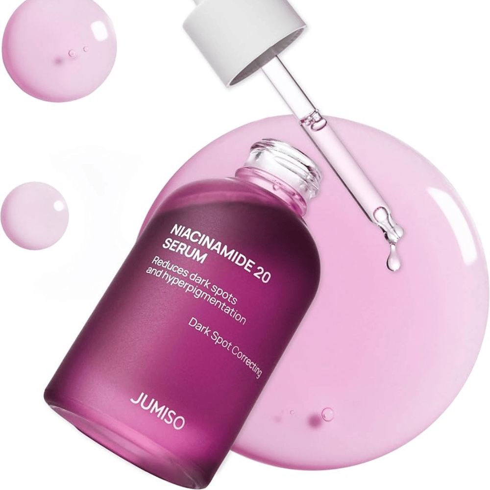 Close-up de Jumiso Niacinamide 20 Serum – textura rosa claro que clareia eficazmente o tom da pele e reduz a hiperpigmentação.