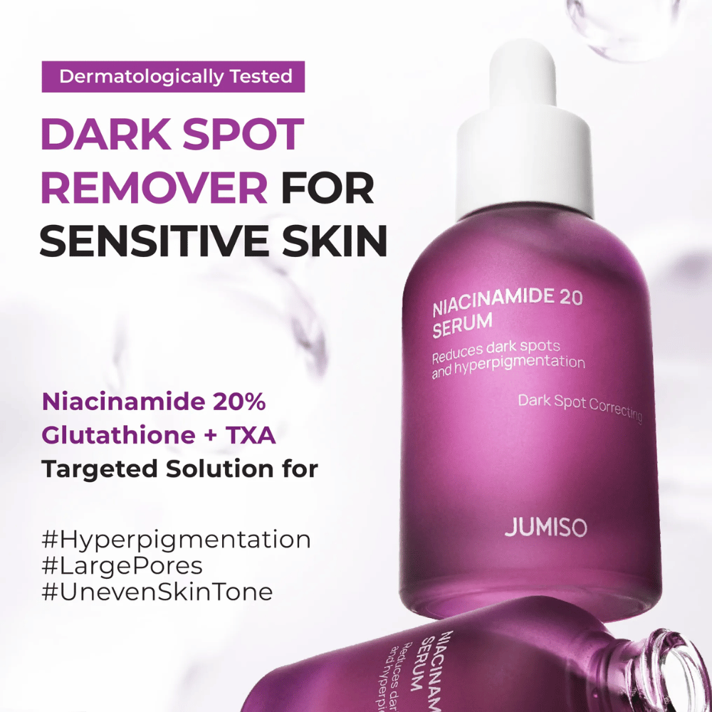 Jumiso Niacinamide 20 Serum – poderoso soro com 20% de niacinamida, glutationa e TXA que reduz manchas escuras e hiperpigmentação, mesmo para pele sensível.
