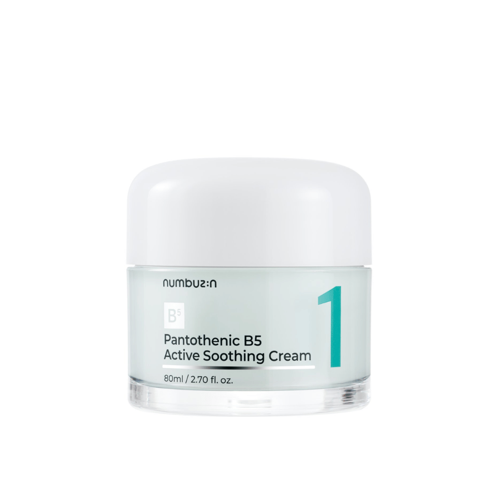 Numbuzin No.1 Pantothenic B5 Active Soothing Cream 80 ml em um pote verde-claro com tampa branca e número 1 impresso na frente.