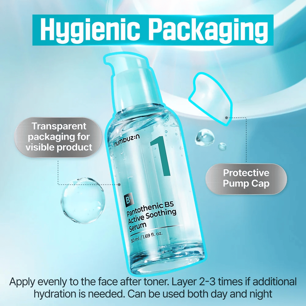 numbuzin No.1 Pantothenic B5 Active Soothing Serum 50 ml – sérum calmante B5 com bomba higiênica e frasco transparente para pele propensa a acne