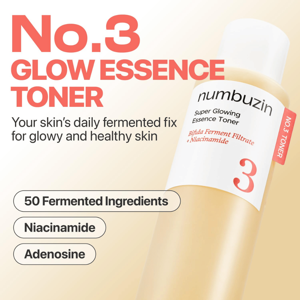 Numbuzin No.3 Glow Essence Toner – essência fermentada diária para uma pele saudável, hidratada e radiante.