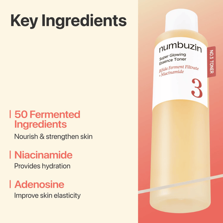 Numbuzin No.3 Toner contém 50 ingredientes fermentados, niacinamida e adenosina que fortalecem e hidratam a pele.