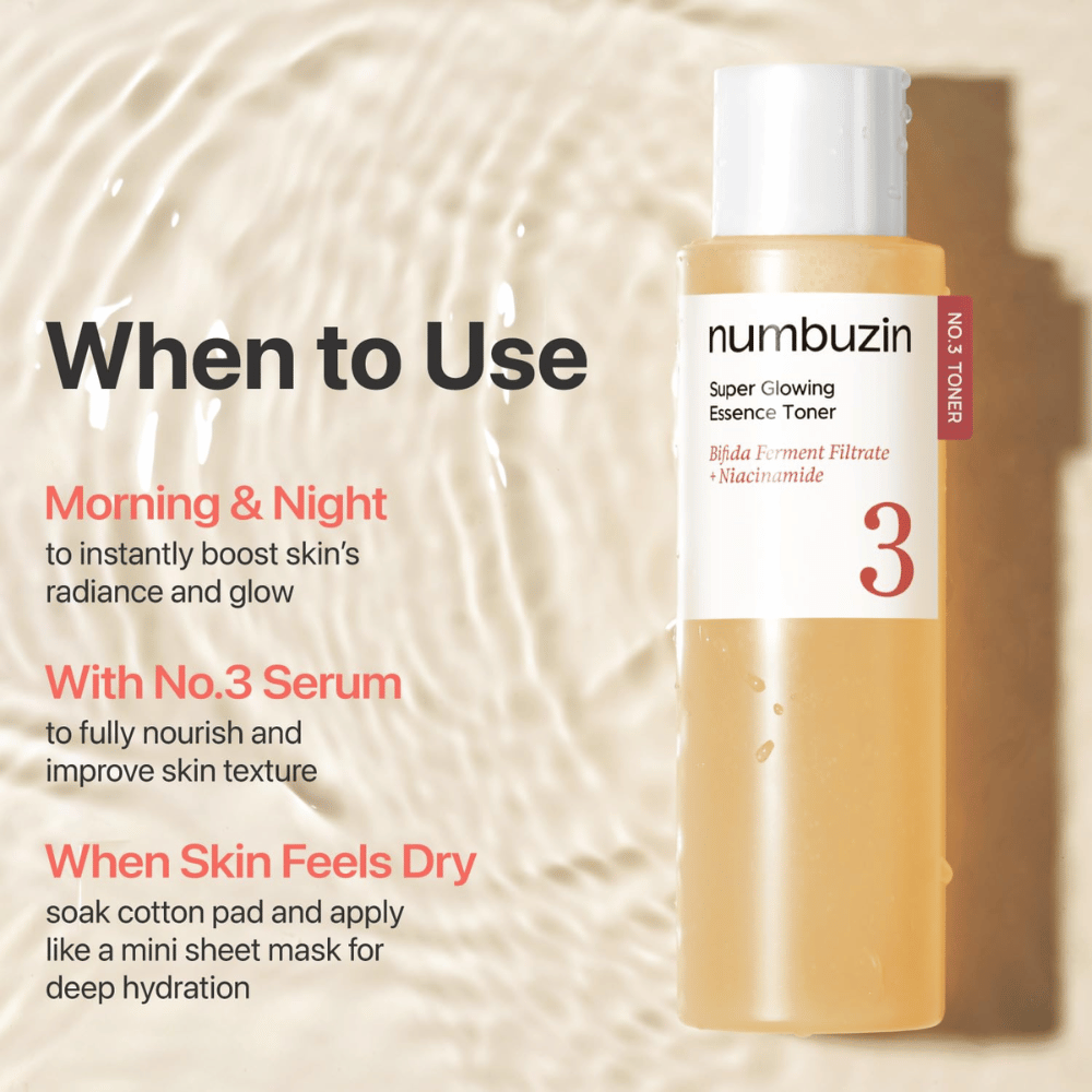 Uso de Numbuzin No.3 Toner – manhã, noite ou em caso de secura para dar à pele brilho e hidratação profunda.