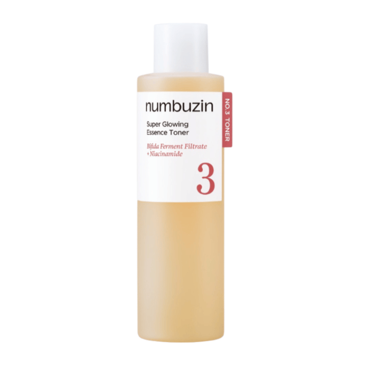 Numbuzin No.3 Super Glowing Essence Toner – tons iluminadores com filtrado de fermento de bifida e niacinamida.